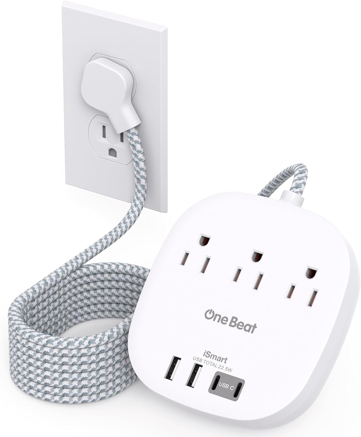 Travel Essentials Flat Plug Power Strip Ultra Flat Extension Cord 3 Outlets 4 USB Ports (2 USB C)  No Surge Protection for Cruise Ship