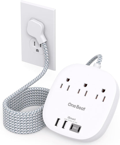 Travel Essentials Flat Plug Power Strip Ultra Flat Extension Cord 3 Outlets 4 USB Ports (2 USB C)  No Surge Protection for Cruise Ship