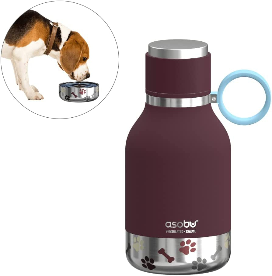 1-Liter Stainless Steel Insulated Dog Water Bottle with Detachable Bowl | Burgundy