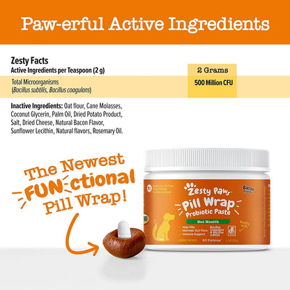 Zesty Paws Probiotic Pill Wrap Paste for Dogs | Bacon Flavor, 45 Count