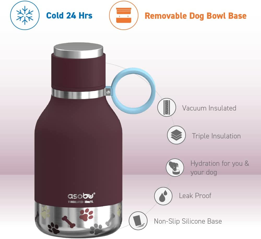 1-Liter Stainless Steel Insulated Dog Water Bottle with Detachable Bowl | Burgundy