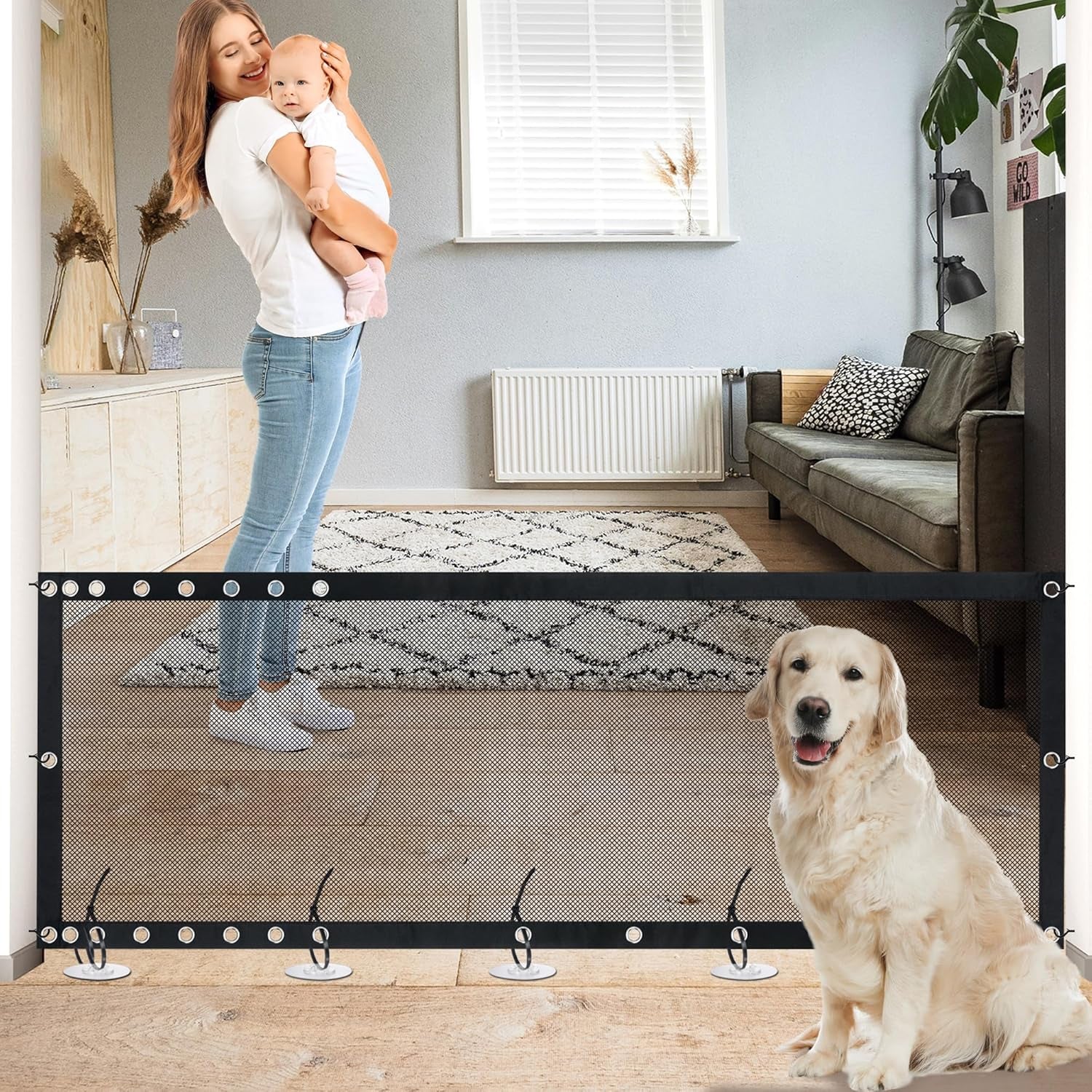 Magic Dog Gate for Stairs Pet Gate for the House Providing a Safe Enclosure for Pets to Play and Rest, 6 Hooks Design