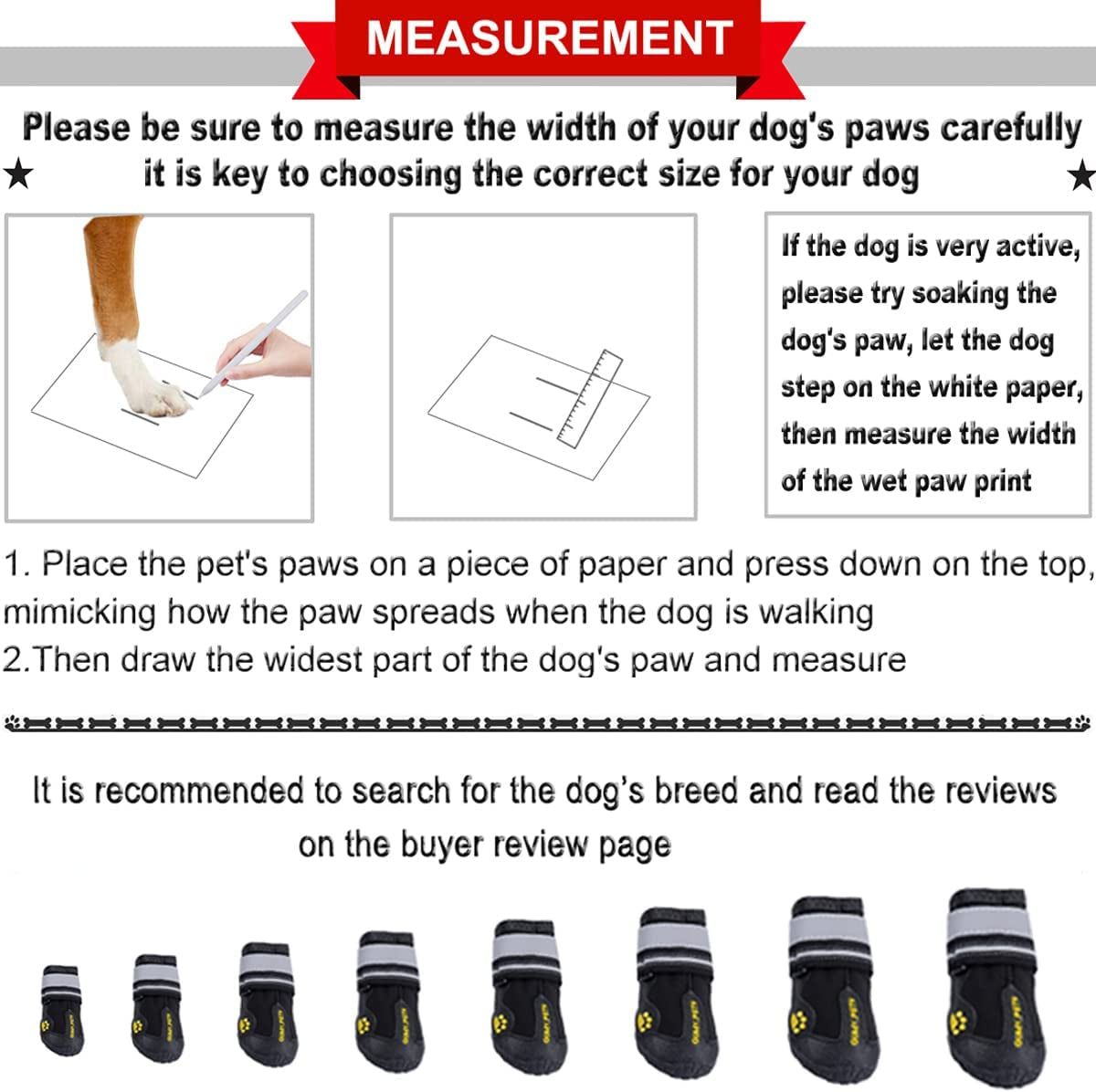 Waterproof Dog Boots with Reflective Strips | Anti-Slip Sole | 4PCS, Black, Size 6 (2.6''X3.0'' for 52-65 lbs)