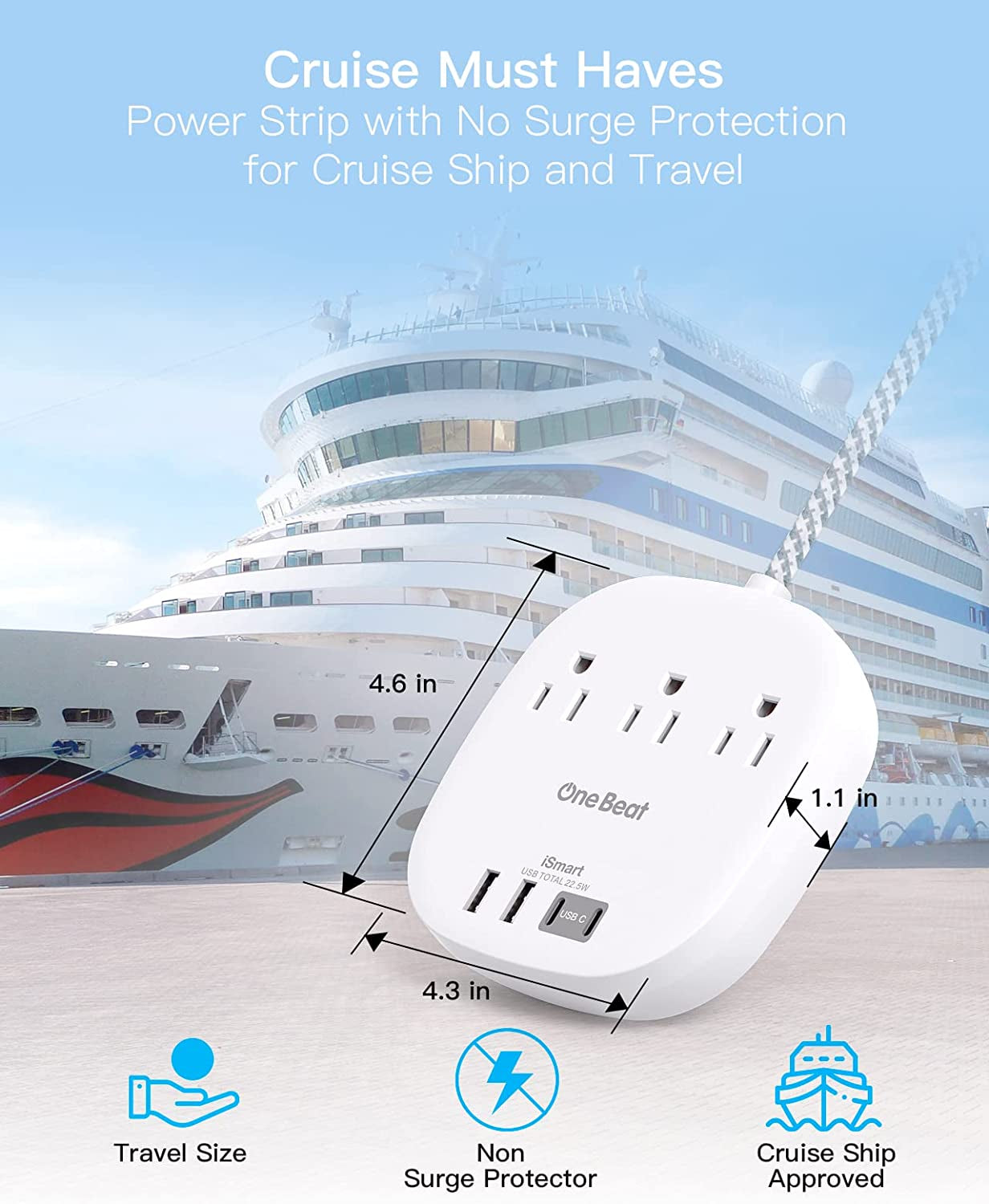 Travel Essentials Flat Plug Power Strip Ultra Flat Extension Cord 3 Outlets 4 USB Ports (2 USB C)  No Surge Protection for Cruise Ship