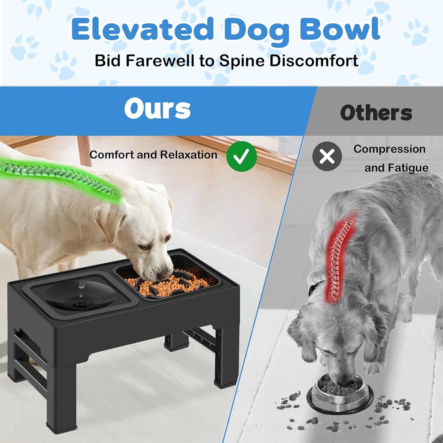 2-In-1 Elevated Slow Feeder Dog Bowls Adjustable Raised Dog Bowls with No Spill Water Bowl and Non-Skid Silicone Mat, Non-Toxic, Mess Proof