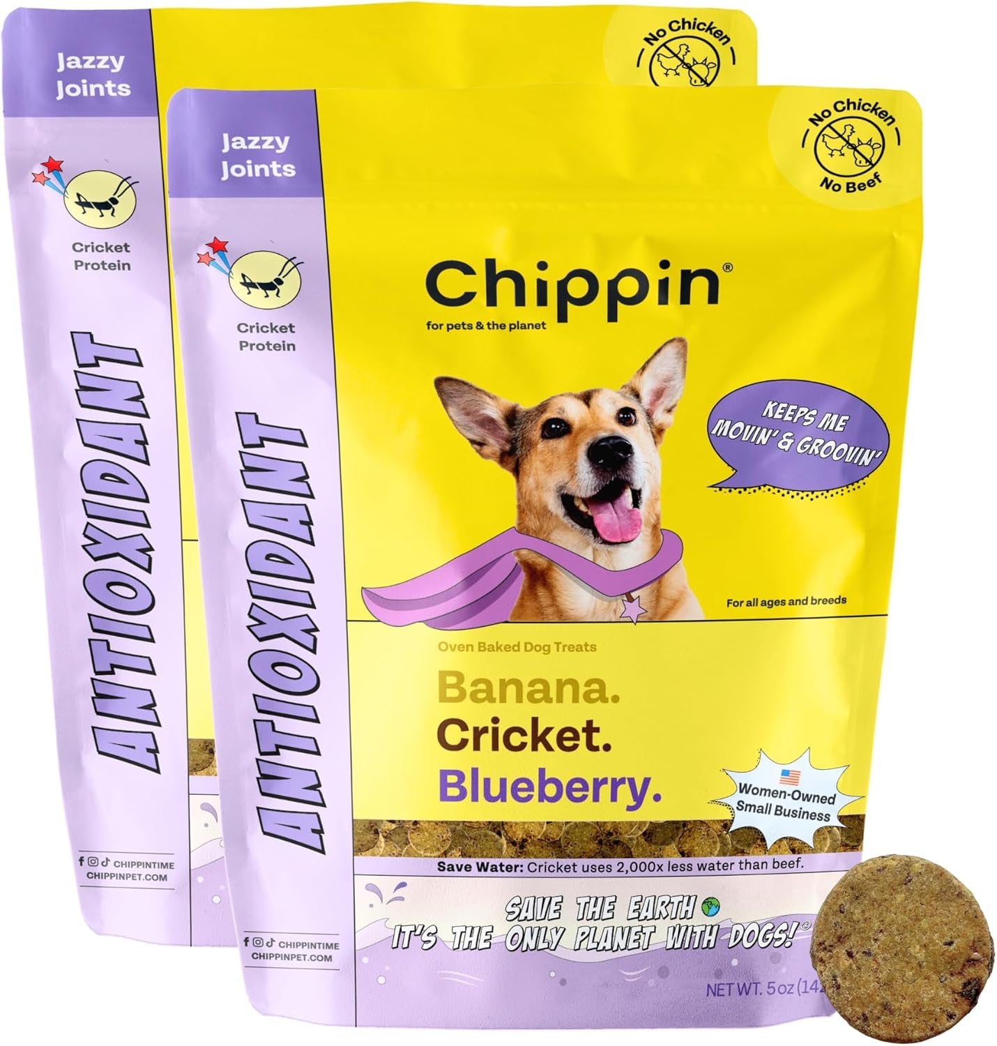 Chippin Blueberry Cricket Antioxidant Dog Biscuit | Natural Joint Health | Made in USA | Chicken-Free, Hypoallergenic, Human-Grade Novel Protein | Puppy & Senior Dogs | 2-Pack!