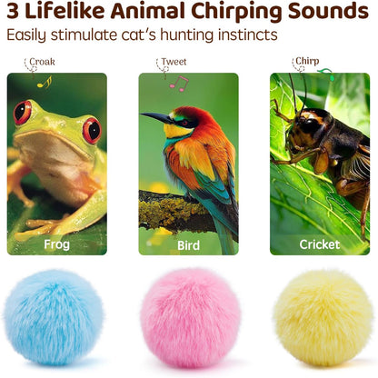 Chirping Cat Toys Balls with Silvervine Catnip, Upgraded, 3 Pack Fluffy Interactive Cat Kicker, 3 Lifelike Animal Sounds, Kitty Kitten Catnip Exercise Toys