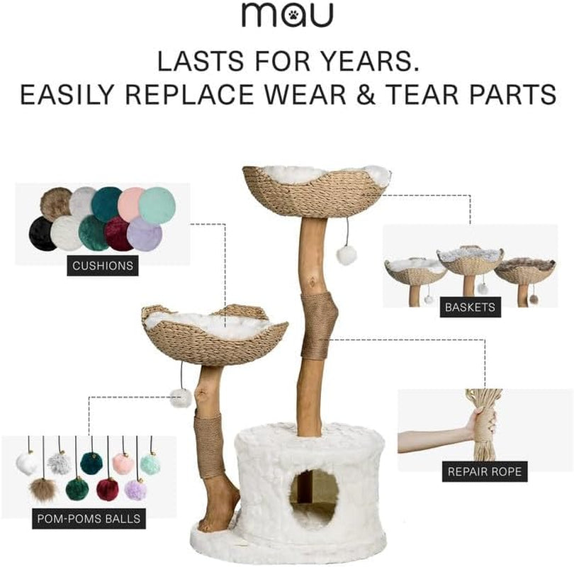 Modern Cat Tree Tower for Large Cats, Real Branch Luxury Cat Condo, Wood Scratching Tree