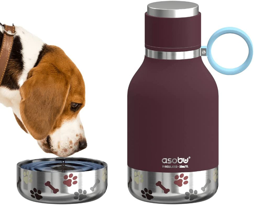 1-Liter Stainless Steel Insulated Dog Water Bottle with Detachable Bowl | Burgundy