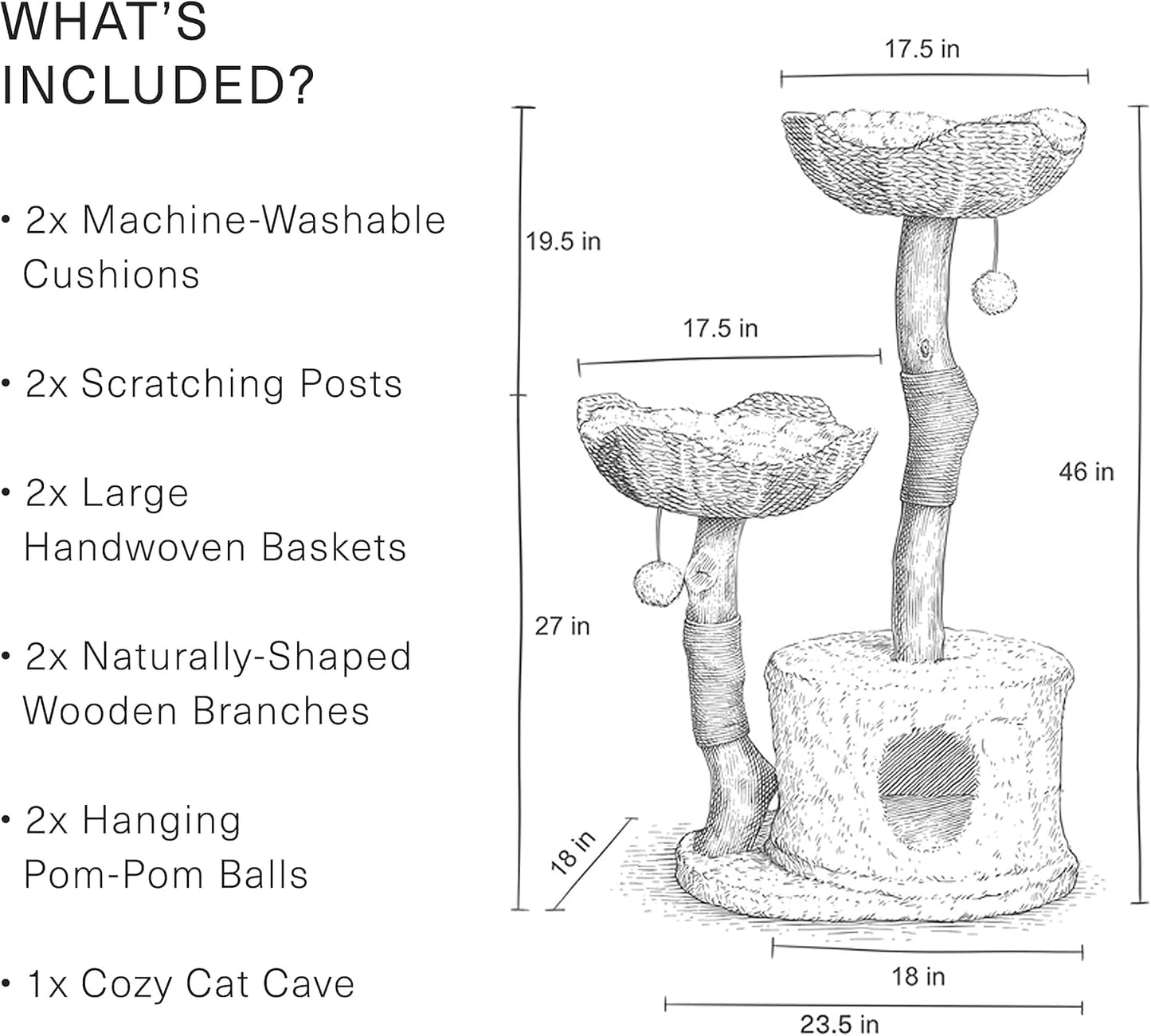 Modern Cat Tree Tower for Large Cats, Real Branch Luxury Cat Condo, Wood Scratching Tree