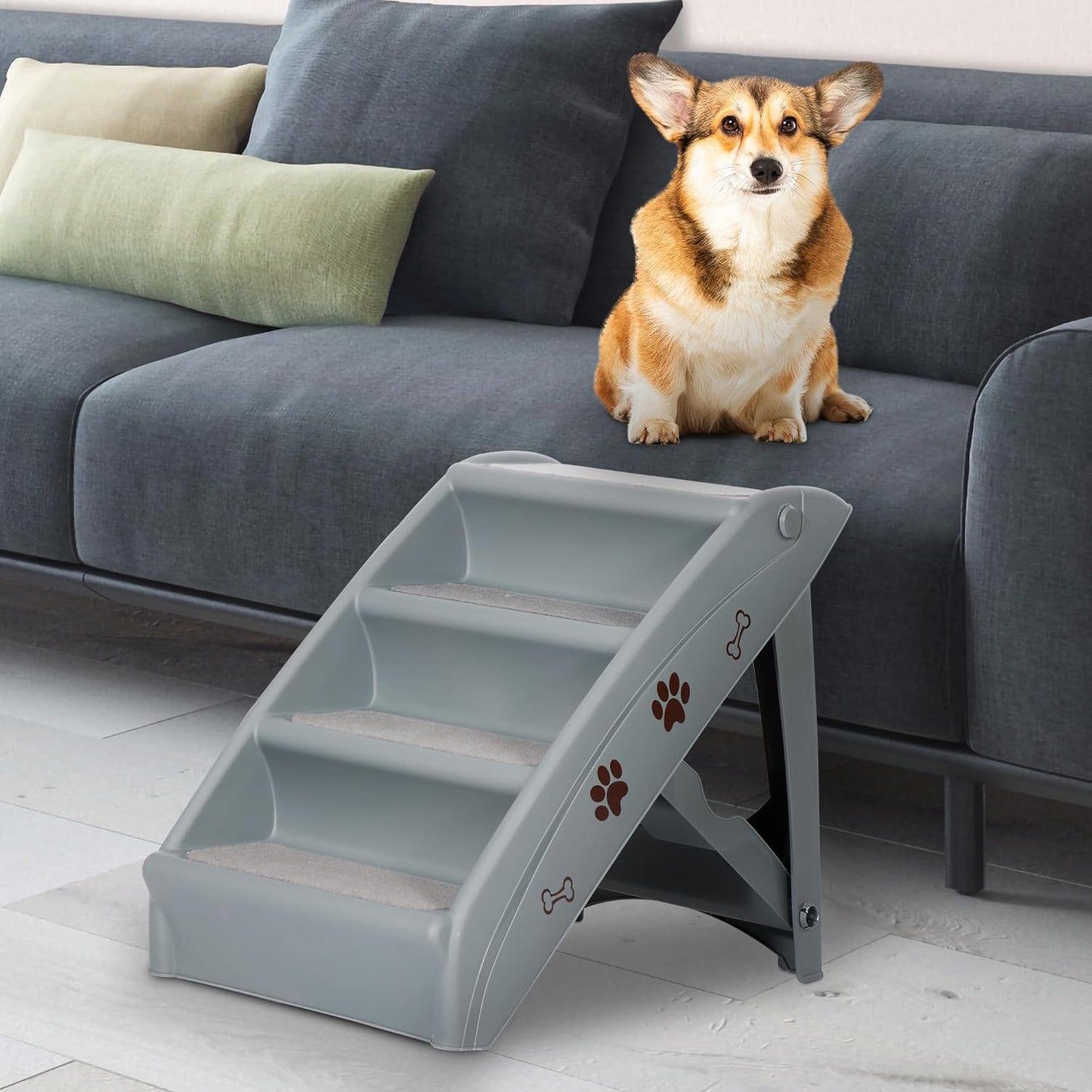 Foldable Pet Dog Stairs/Steps for Small Pet Dog/Cat, 24" Lx 20" H Safe and Durable Pet Ramp Stairs with Non-Slip Pads, for High Beds, Sofa, Car