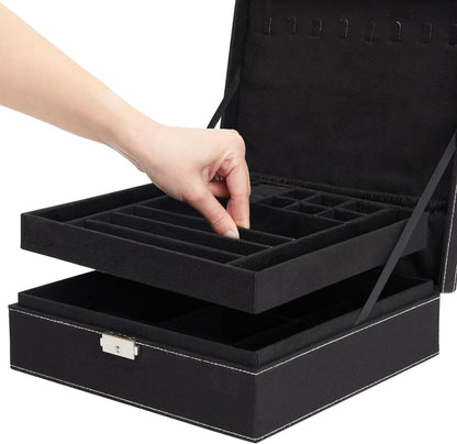 Velvet Jewelry Box Organizer Lockable 2 Layer Travel Case, Earrings Storage with Removable Tray for Women, Men