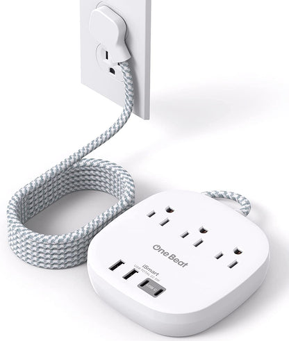 Travel Essentials Flat Plug Power Strip Ultra Flat Extension Cord 3 Outlets 4 USB Ports (2 USB C)  No Surge Protection for Cruise Ship