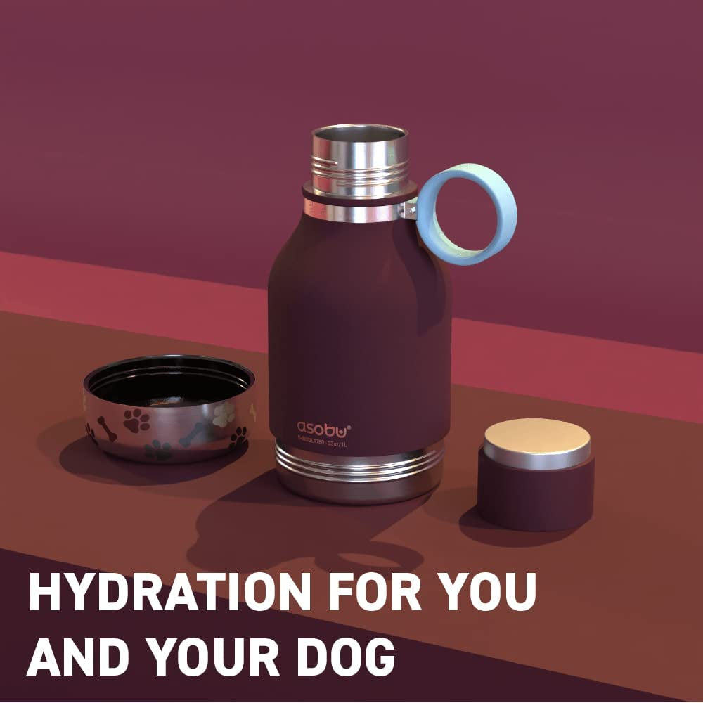 1-Liter Stainless Steel Insulated Dog Water Bottle with Detachable Bowl | Burgundy