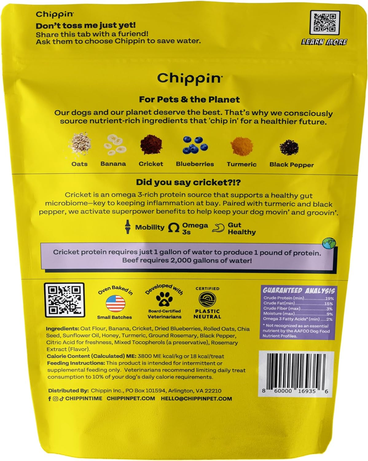 Chippin Blueberry Cricket Antioxidant Dog Biscuit | Natural Joint Health | Made in USA | Chicken-Free, Hypoallergenic, Human-Grade Novel Protein | Puppy & Senior Dogs | 2-Pack!