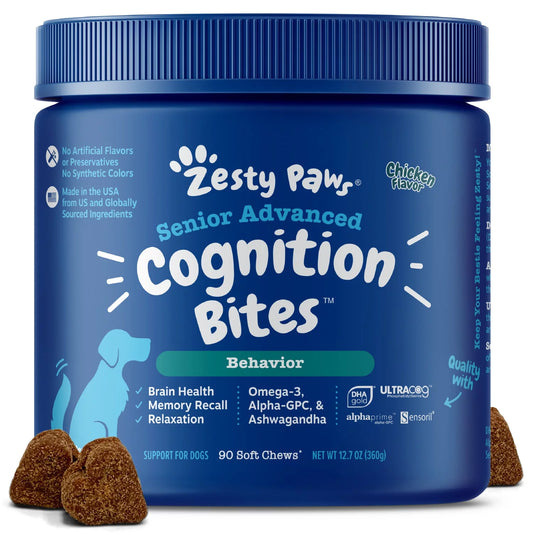 Zesty Paws Senior Advanced Cognition Behavior Bites for Senior Dogs | Chicken Flavor | 90 Count Soft Chews