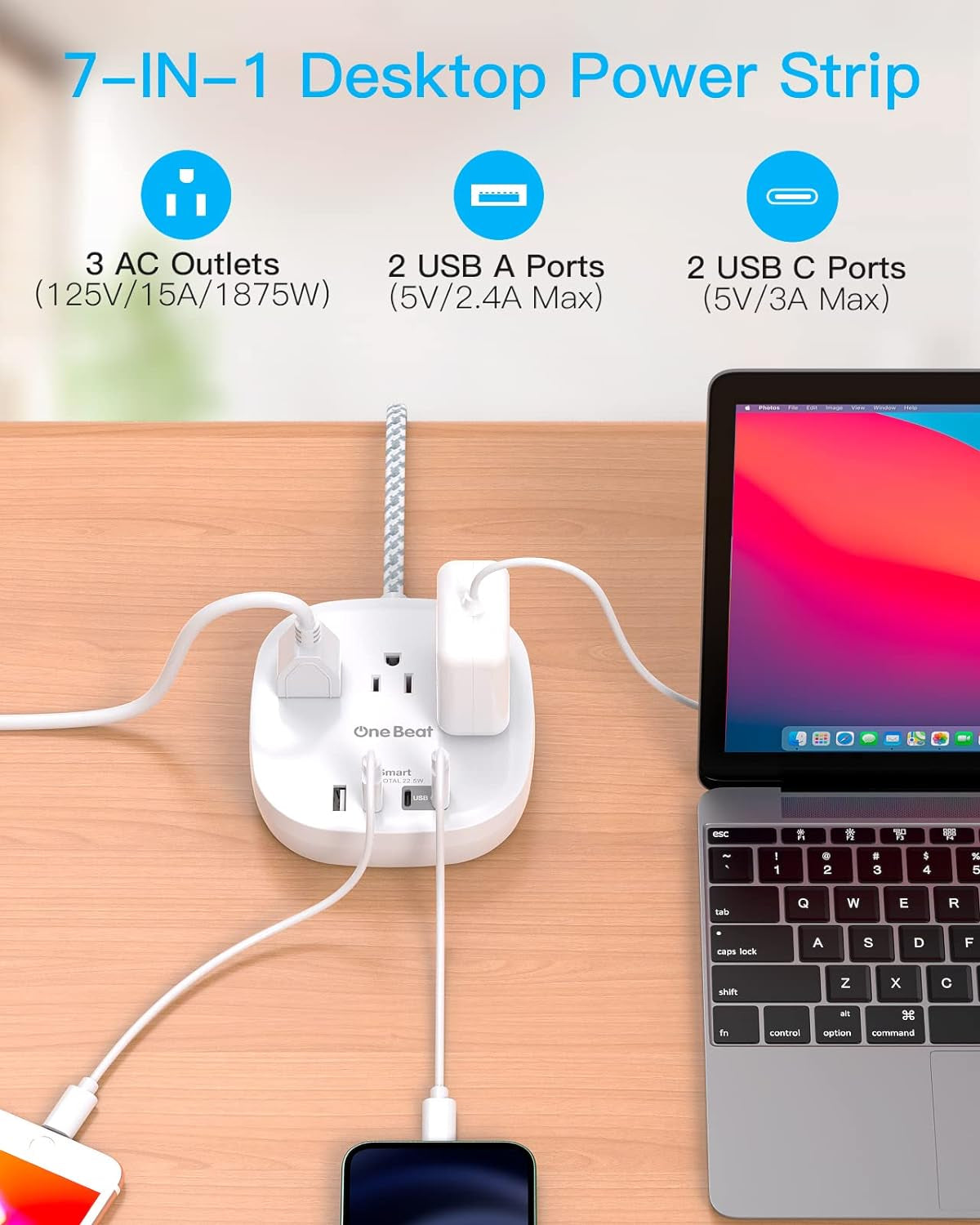 Travel Essentials Flat Plug Power Strip Ultra Flat Extension Cord 3 Outlets 4 USB Ports (2 USB C)  No Surge Protection for Cruise Ship