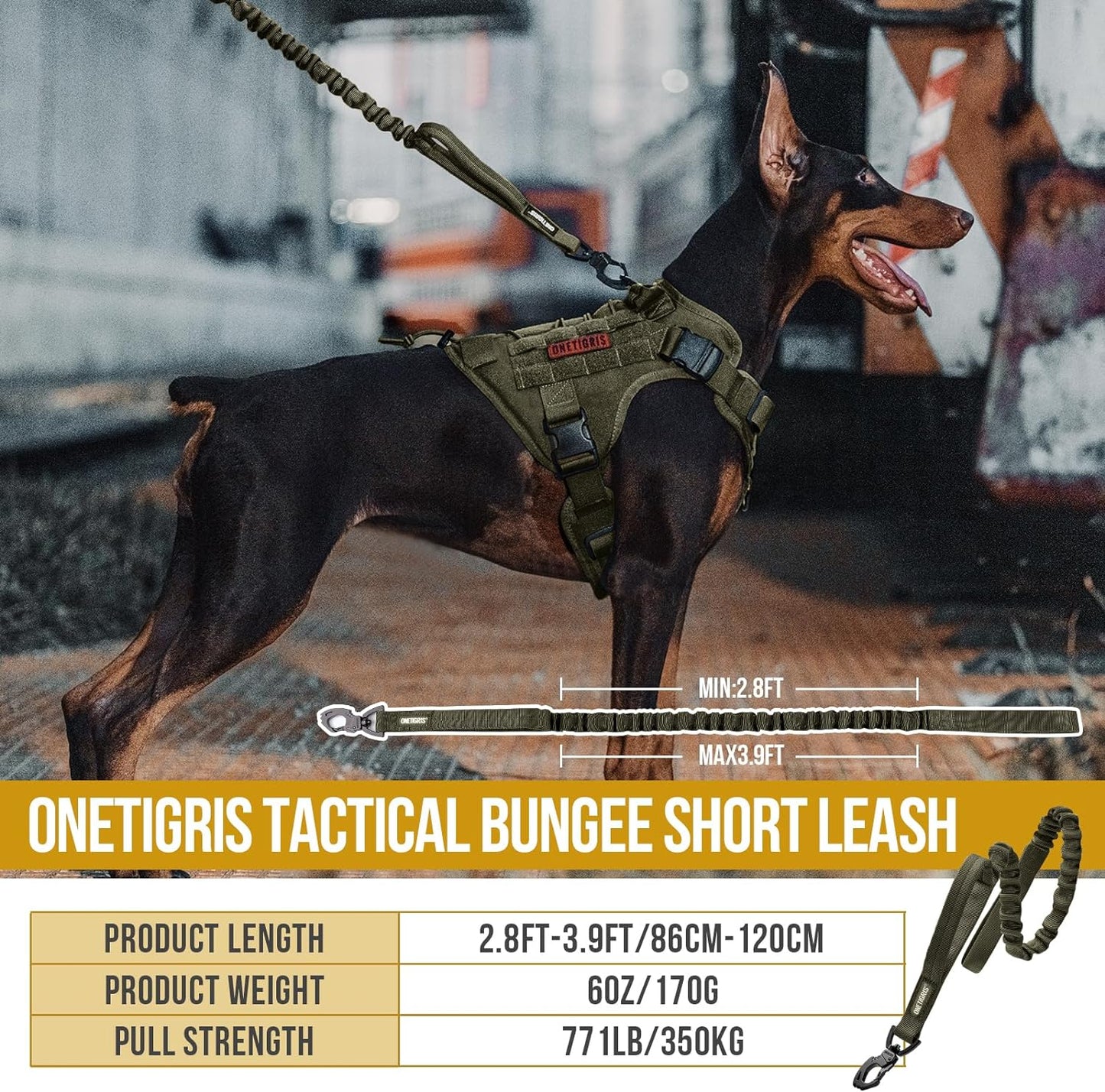 OneTigris Tactical Dog Training Bungee Leash with 2 Control Handles and Quick Release Nylon Lead Rope