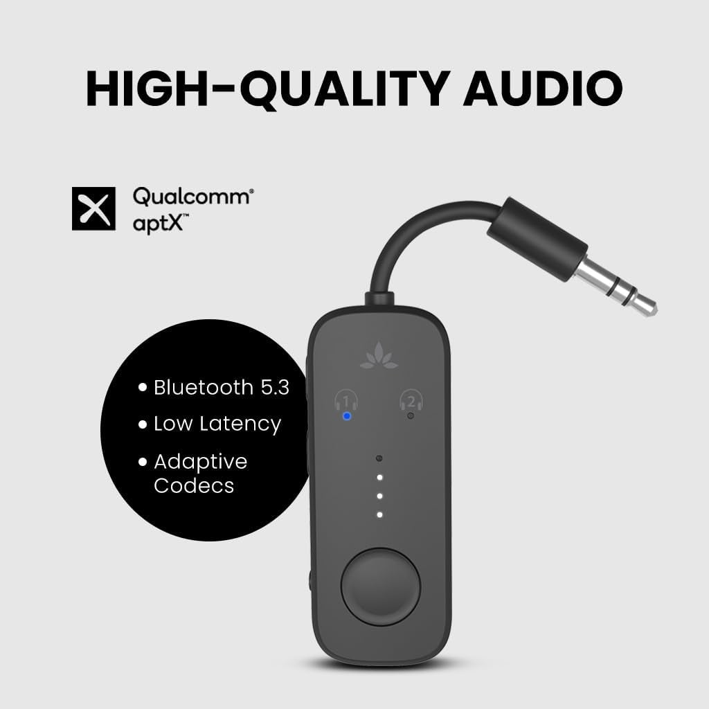 Premium Airplane Bluetooth 5.3 Adapter, Supports 2 Airpods or Headphones with Aptx Adaptive & Low Latency Wireless Audio Transmitter for Planes, Airline, Travel, TV