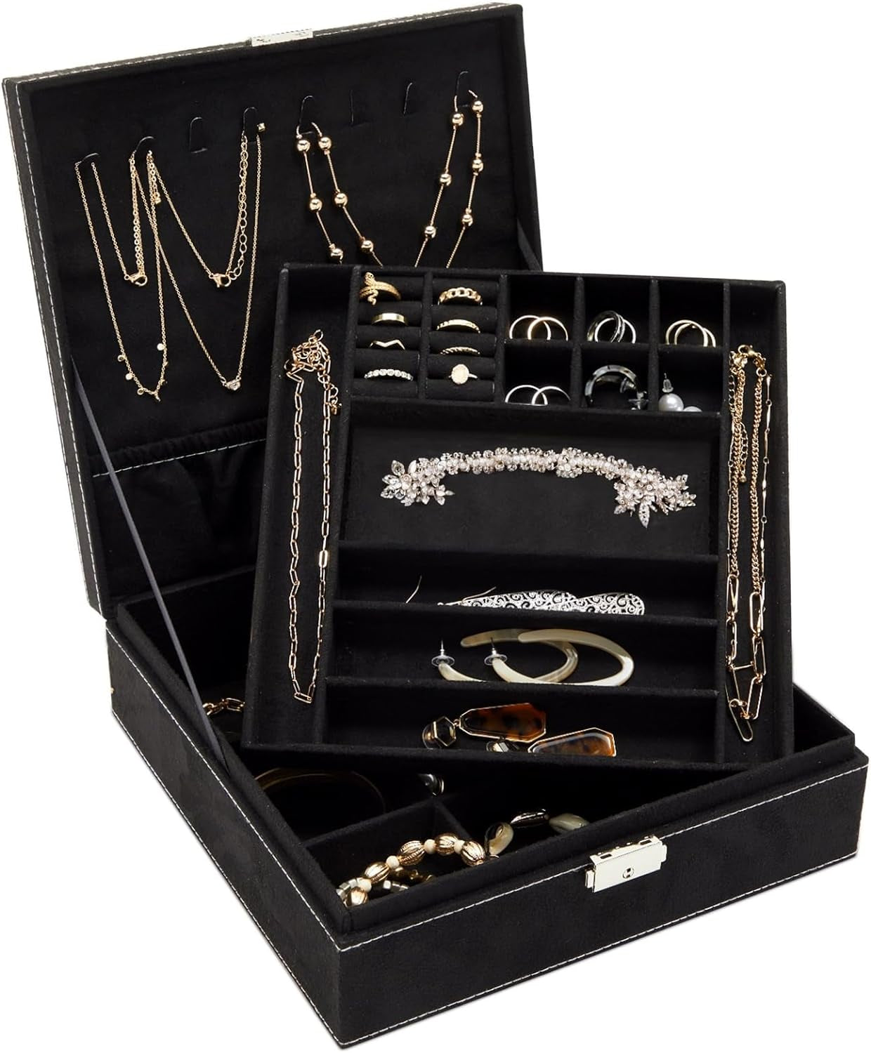 Velvet Jewelry Box Organizer Lockable 2 Layer Travel Case, Earrings Storage with Removable Tray for Women, Men