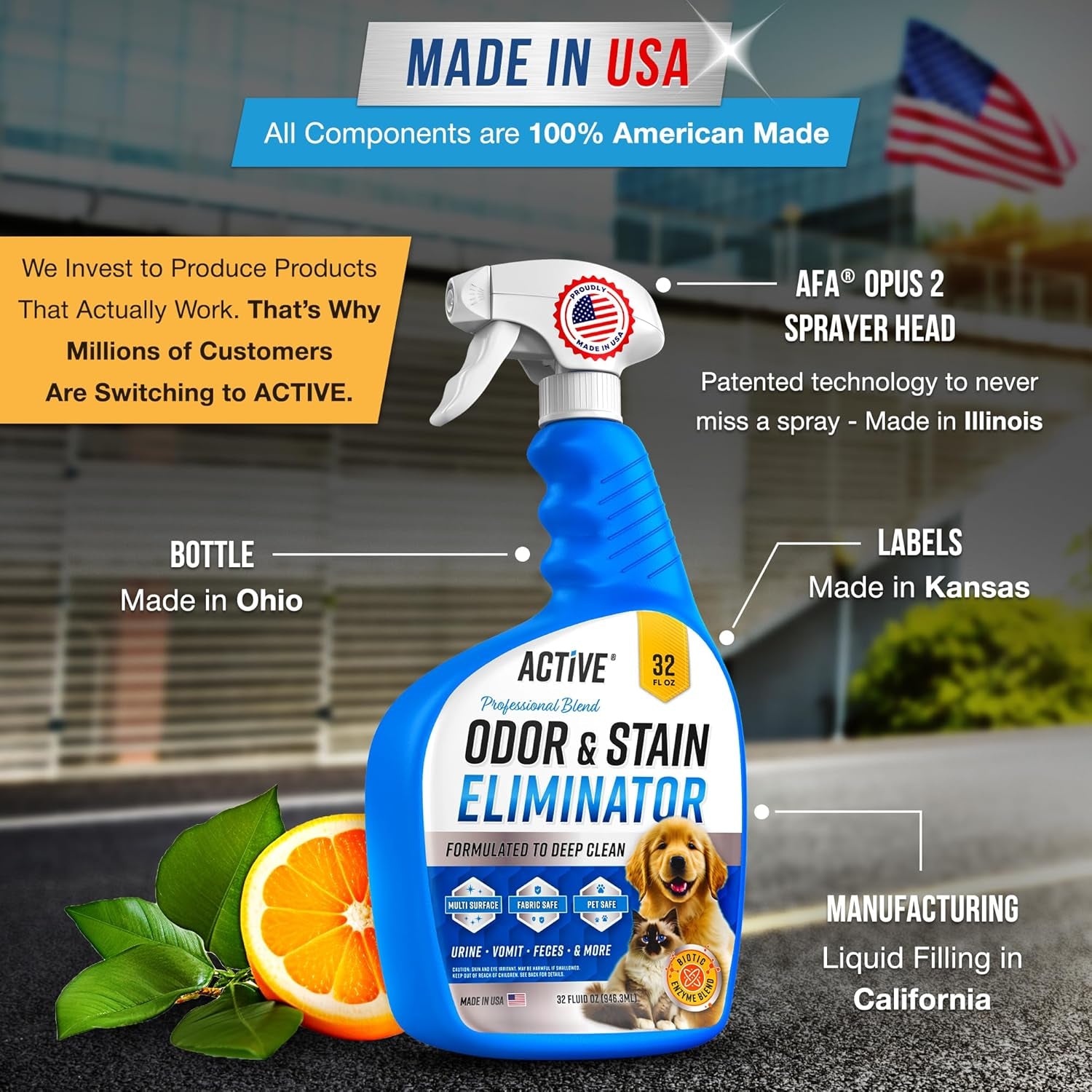 Pet Odor and Stain Eliminator - 32 Oz  Enzyme Cleaner for Dog & Cat Urine, Stain Remover Spray for Carpet, Upholstery, Hardwood, Spot Cleaning Natural Citrus Oil