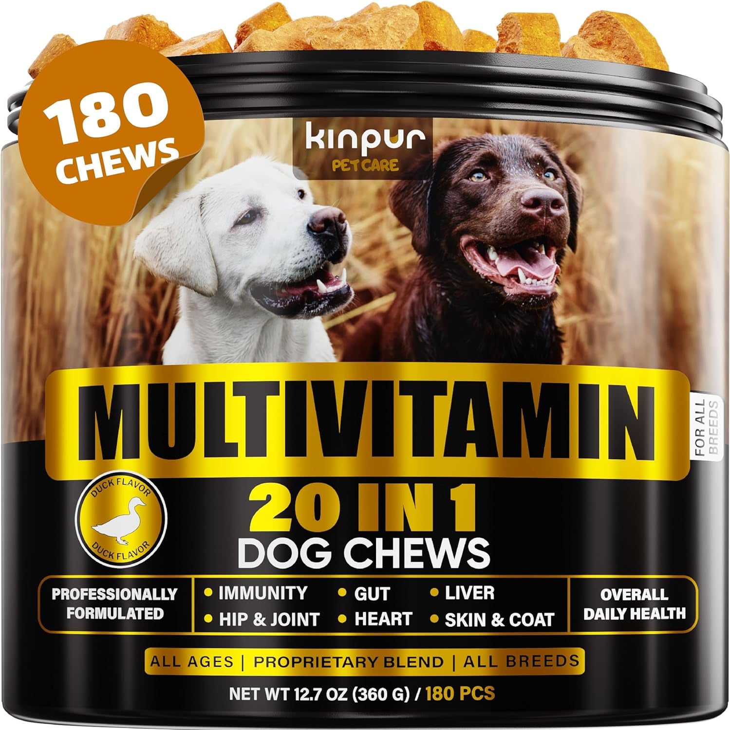 20-In-1 Dog Multivitamin Supplements - Immunity, Digestion, Joint and Heart Health Support - Natural Dog Vitamins with Biotin, Msm, Cranberry, Glucosamine for Dogs - 180 Chews