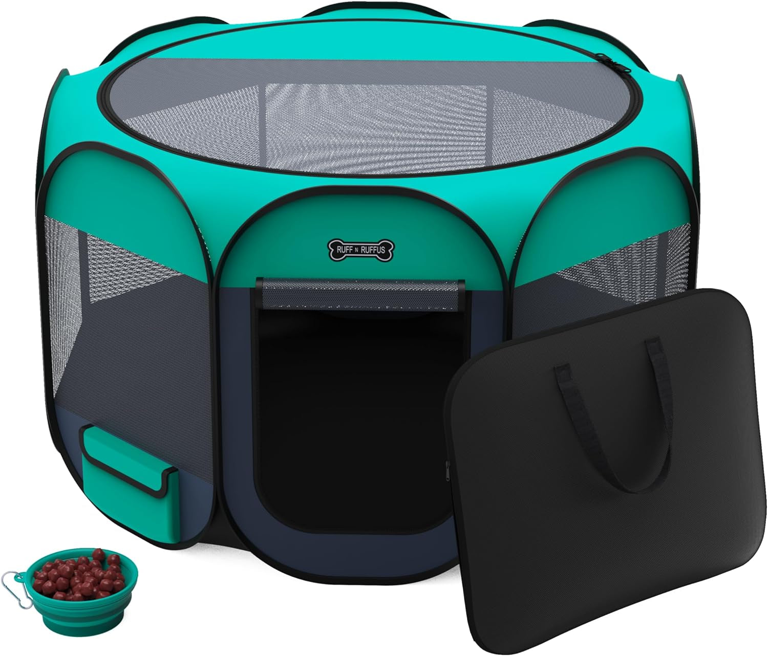 Portable Foldable Pet Playpen + Carrying Case & Collapsible Travel Bowl