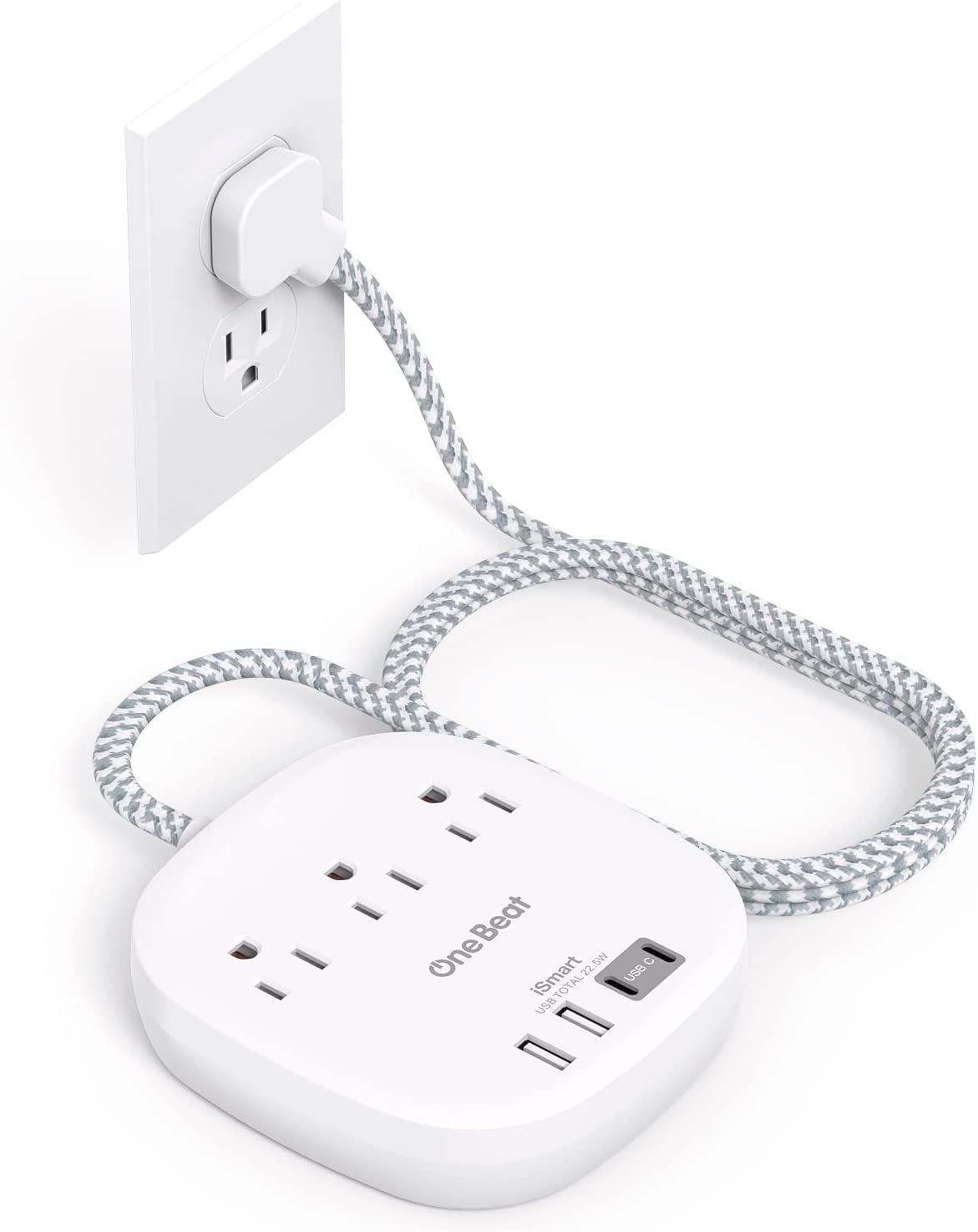 Travel Essentials Flat Plug Power Strip Ultra Flat Extension Cord 3 Outlets 4 USB Ports (2 USB C)  No Surge Protection for Cruise Ship