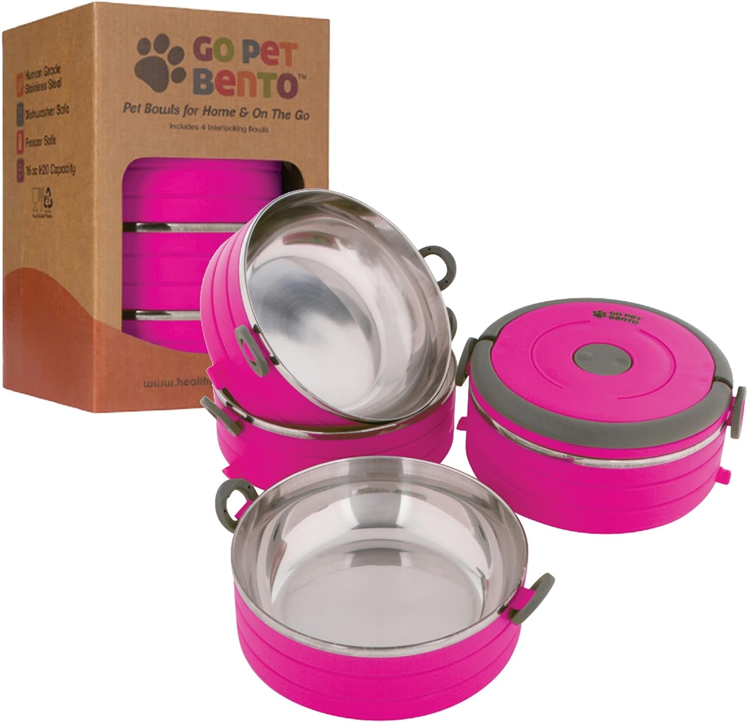 Travel Pet Bento Bowls | Human-Grade Stainless Steel & BPA-Free, Leak-Proof Water & Food Container Set for Dogs & Cats, 4-Pack Interlocking Bowls