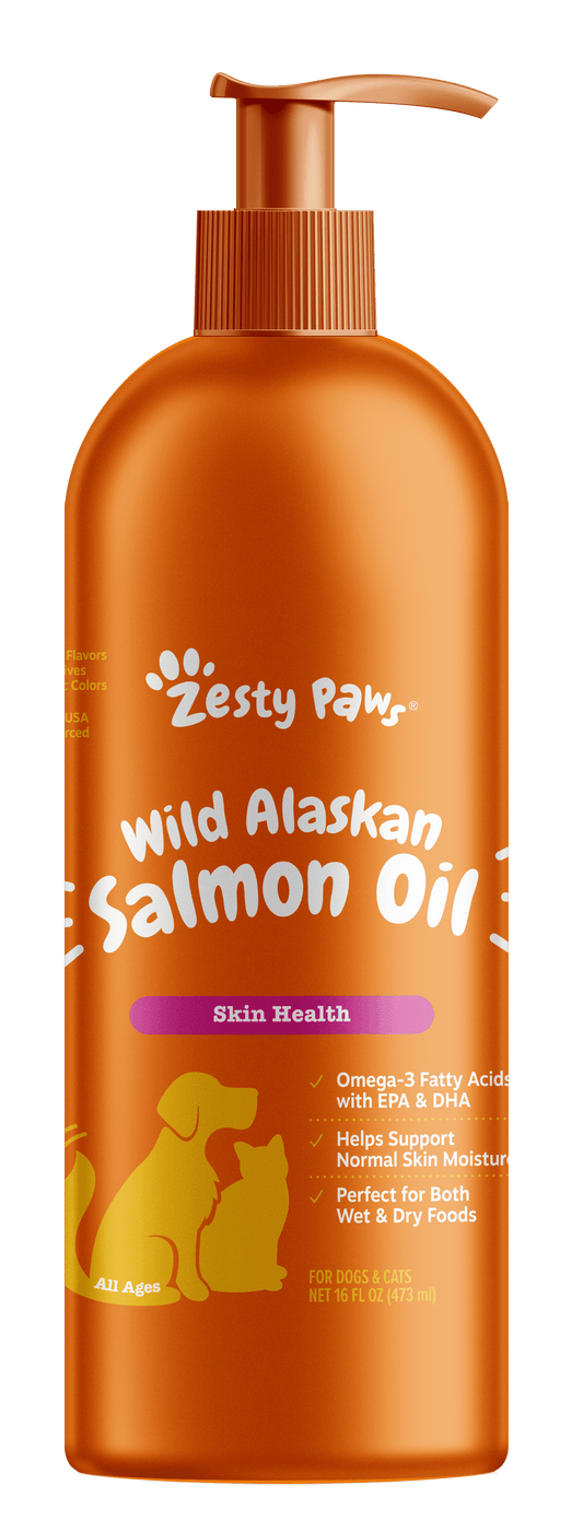 Zesty Paws Pure Wild Alaskan Salmon Oil | Omega 3, 6 & 9 Supplement for Dogs & Cats | Skin & Coat, Hip & Joint, Heart, and Immune Support | 16 fl oz / 8 fl oz