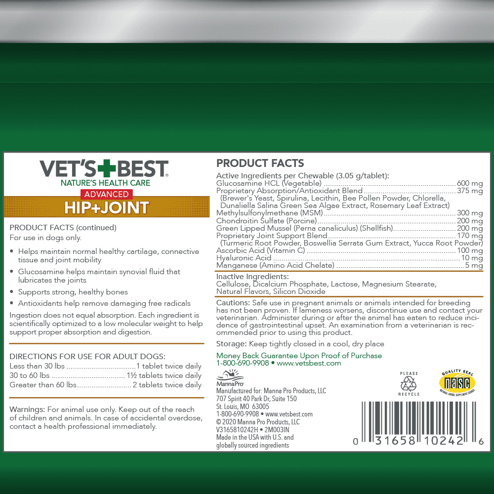 Vet's Best Level 3 Advanced Hip and Joint Dog Supplement | 90 Chewable Tablets