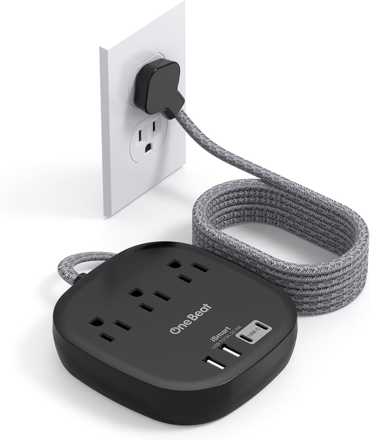 Travel Essentials Flat Plug Power Strip Ultra Flat Extension Cord 3 Outlets 4 USB Ports (2 USB C)  No Surge Protection for Cruise Ship