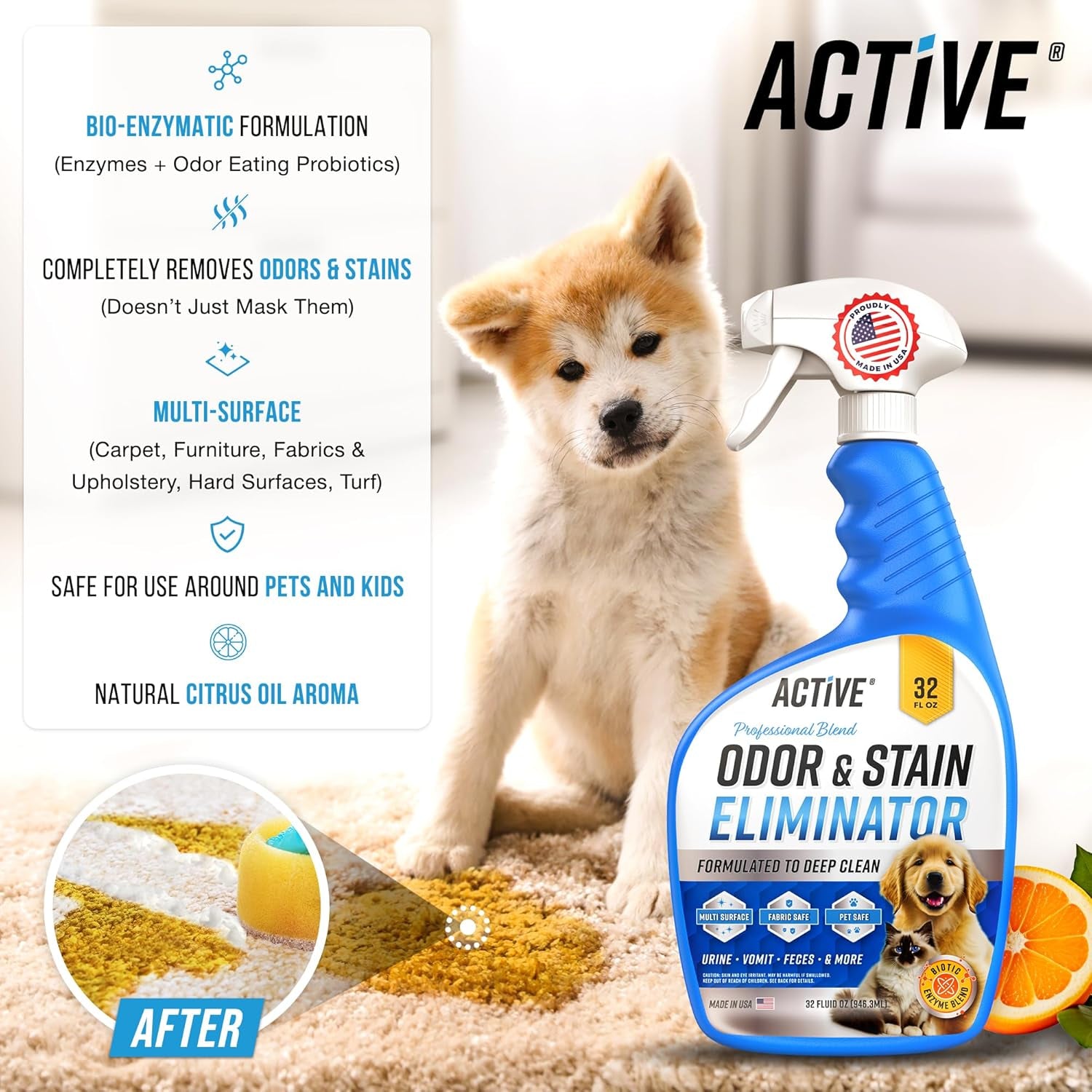 Pet Odor and Stain Eliminator - 32 Oz  Enzyme Cleaner for Dog & Cat Urine, Stain Remover Spray for Carpet, Upholstery, Hardwood, Spot Cleaning Natural Citrus Oil