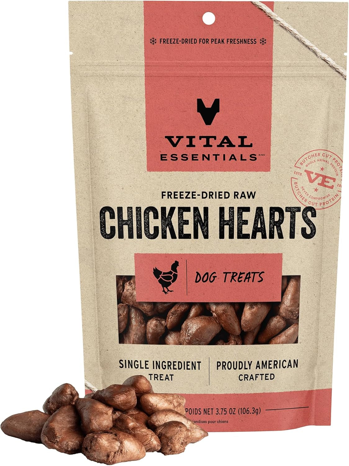 Freeze Dried Raw Single Ingredient Dog Treats, Chicken Hearts, 1.9 Oz