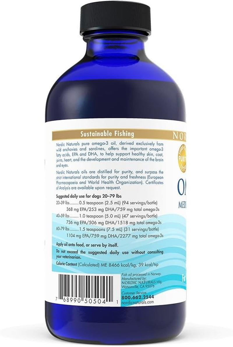 Omega-3 Pet, Unflavored - 8 Oz - 1518 Mg Omega-3 per Teaspoon - Fish Oil for Medium to Large Dogs with EPA & DHA - Promotes Heart, Skin, Coat, Joint, & Immune Health