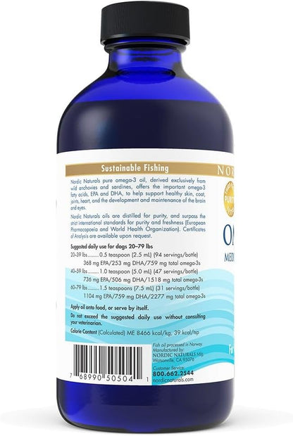 Omega-3 Pet, Unflavored - 8 Oz - 1518 Mg Omega-3 per Teaspoon - Fish Oil for Medium to Large Dogs with EPA & DHA - Promotes Heart, Skin, Coat, Joint, & Immune Health