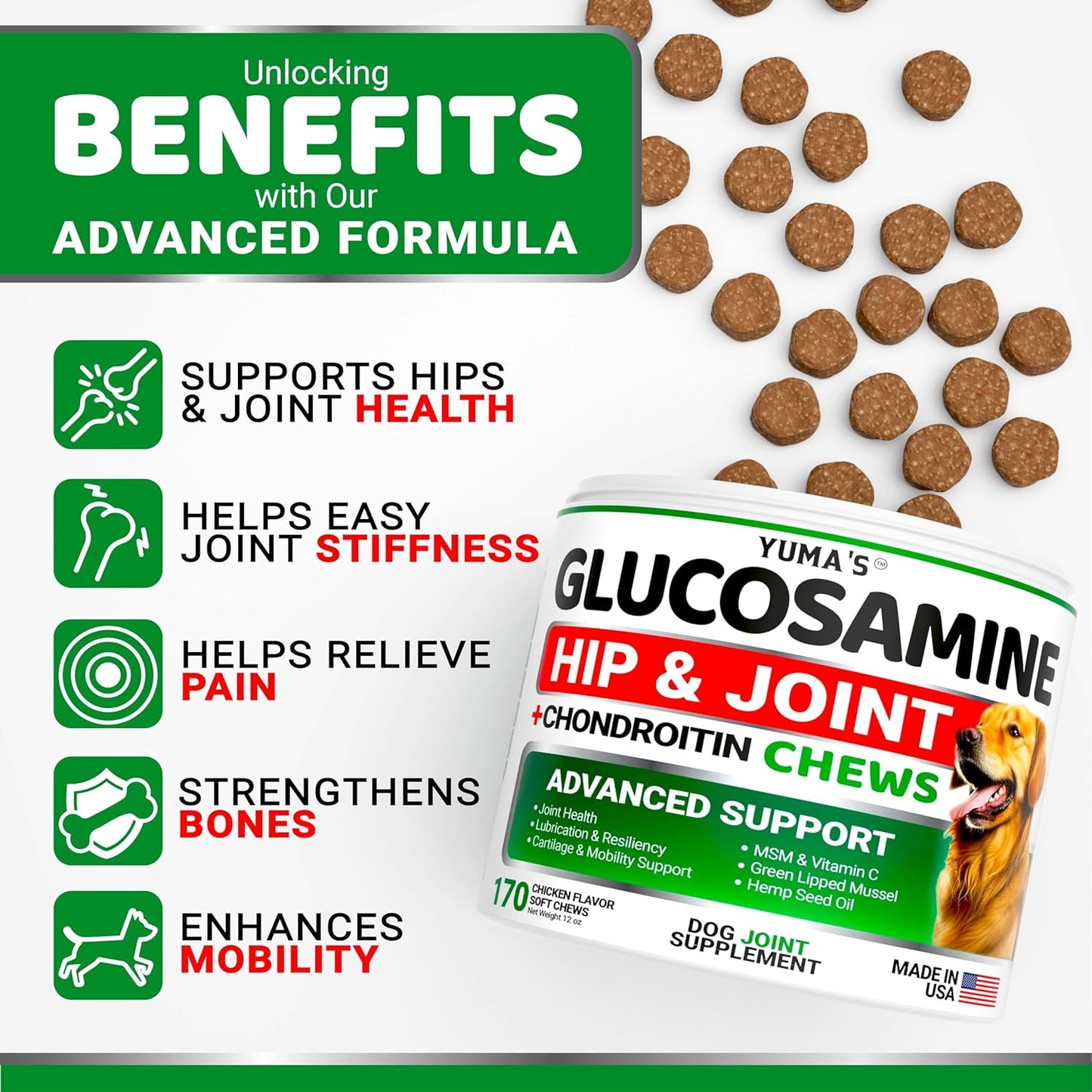 Glucosamine for Dogs Hip and Joint Supplement 170 Ct Chondroitin for Dogs Chews - Dog Joint Pain Relief with MSM Mobility Support