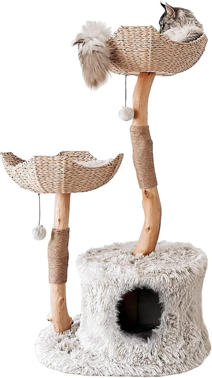 Modern Cat Tree Tower for Large Cats, Real Branch Luxury Cat Condo, Wood Scratching Tree