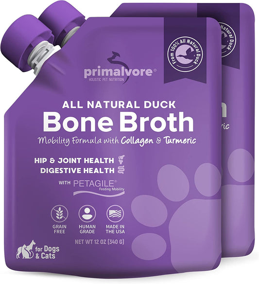 Primalvore All-Natural Duck Bone Broth for Dogs & Cats | Mobility Formula with Collagen Peptides | Supports Hip & Joints, Digestion, Skin & Coat, and Hydration | Grain-Free, Human Grade, Made in USA | Duck 2 Pack