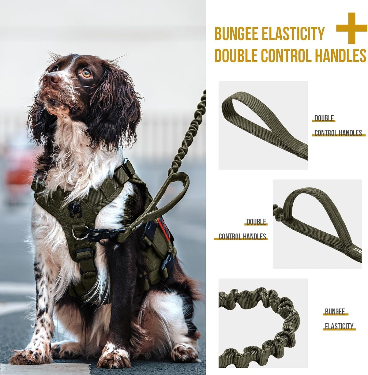 OneTigris Tactical Dog Training Bungee Leash with 2 Control Handles and Quick Release Nylon Lead Rope