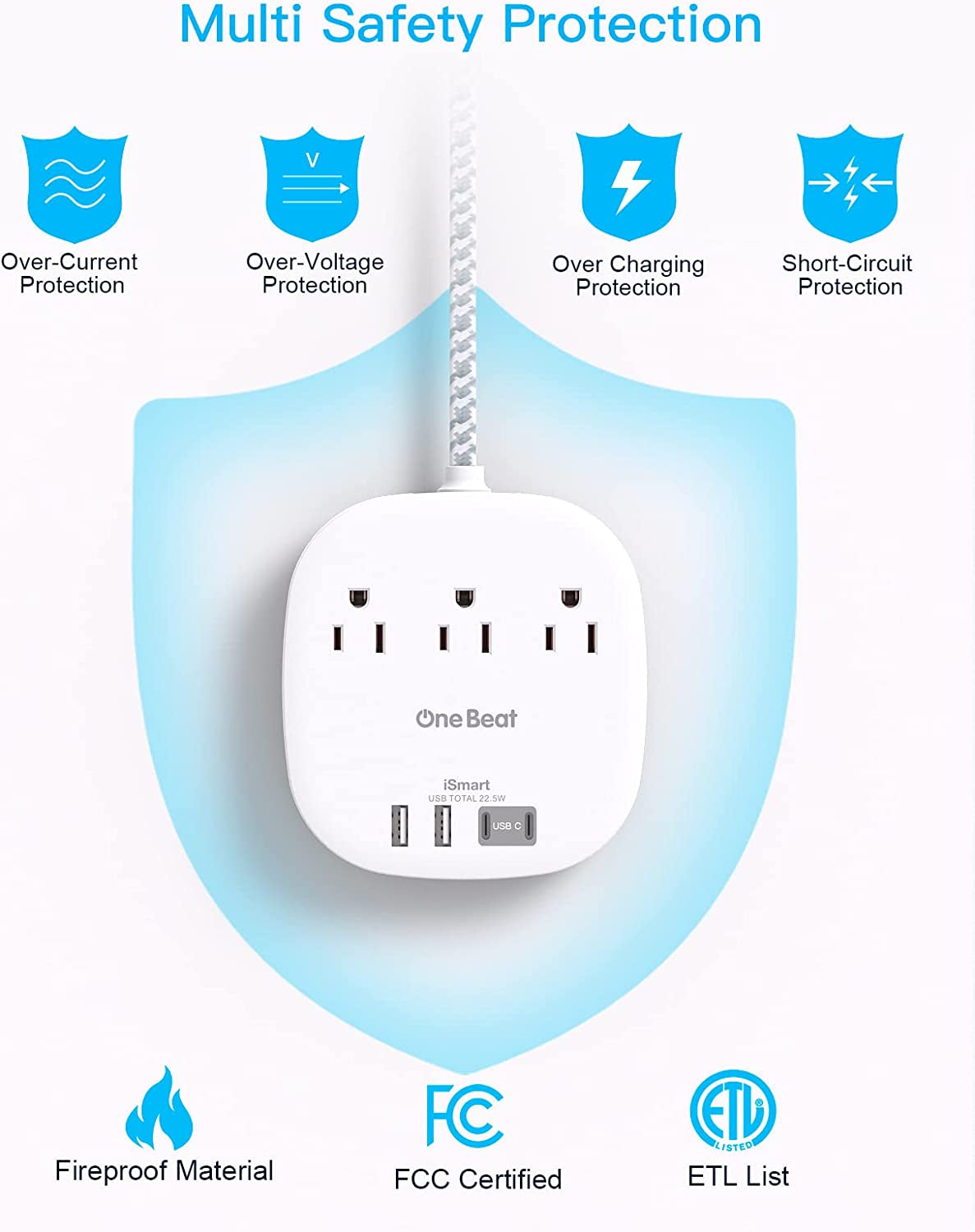 Travel Essentials Flat Plug Power Strip Ultra Flat Extension Cord 3 Outlets 4 USB Ports (2 USB C)  No Surge Protection for Cruise Ship