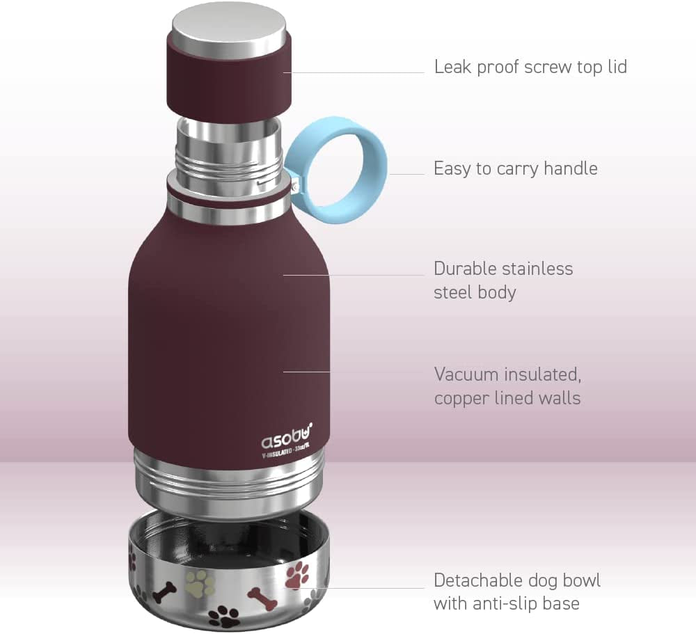 1-Liter Stainless Steel Insulated Dog Water Bottle with Detachable Bowl | Burgundy