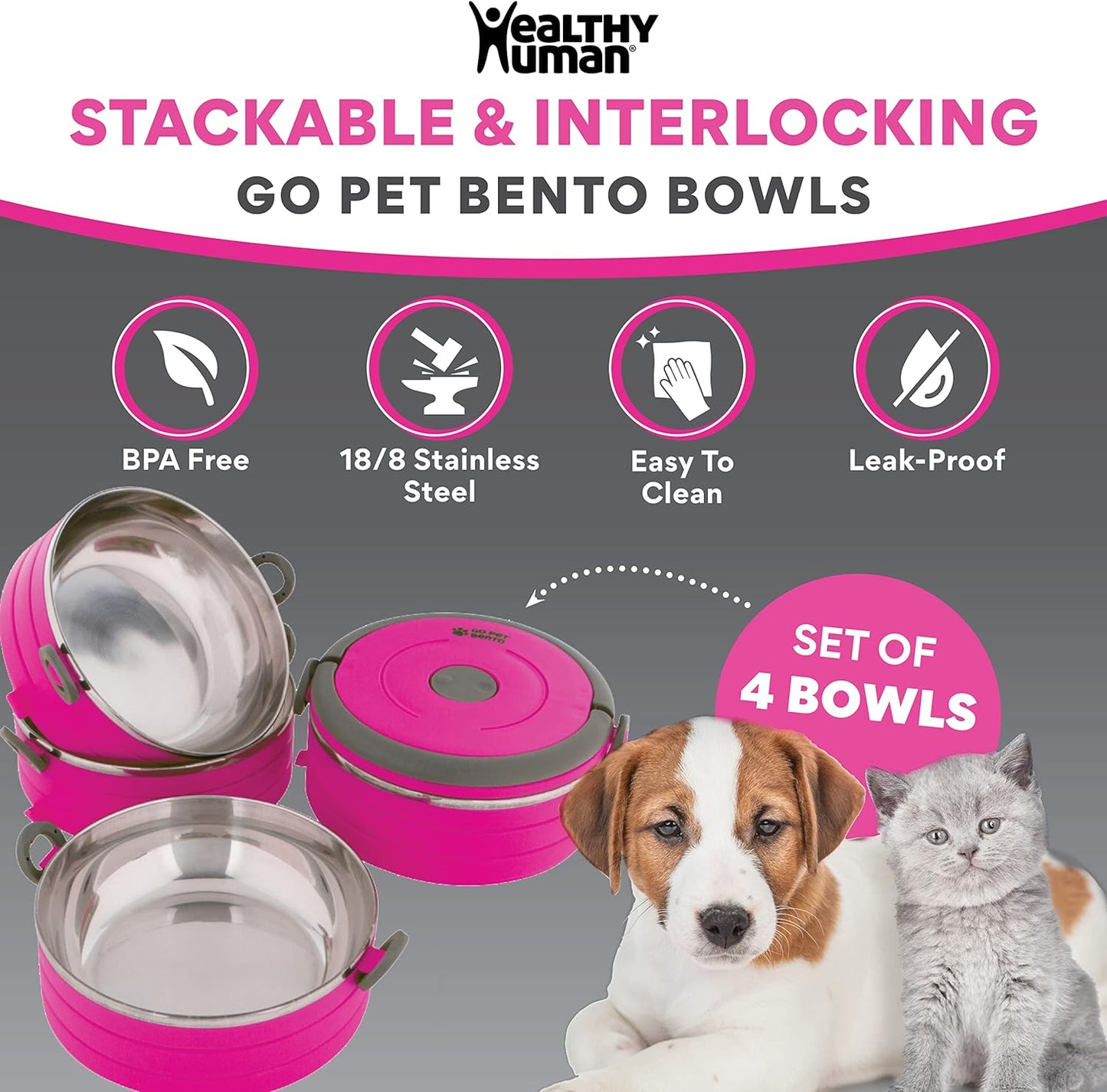 Travel Pet Bento Bowls | Human-Grade Stainless Steel & BPA-Free, Leak-Proof Water & Food Container Set for Dogs & Cats, 4-Pack Interlocking Bowls