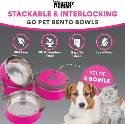 Travel Pet Bento Bowls | Human-Grade Stainless Steel & BPA-Free, Leak-Proof Water & Food Container Set for Dogs & Cats, 4-Pack Interlocking Bowls