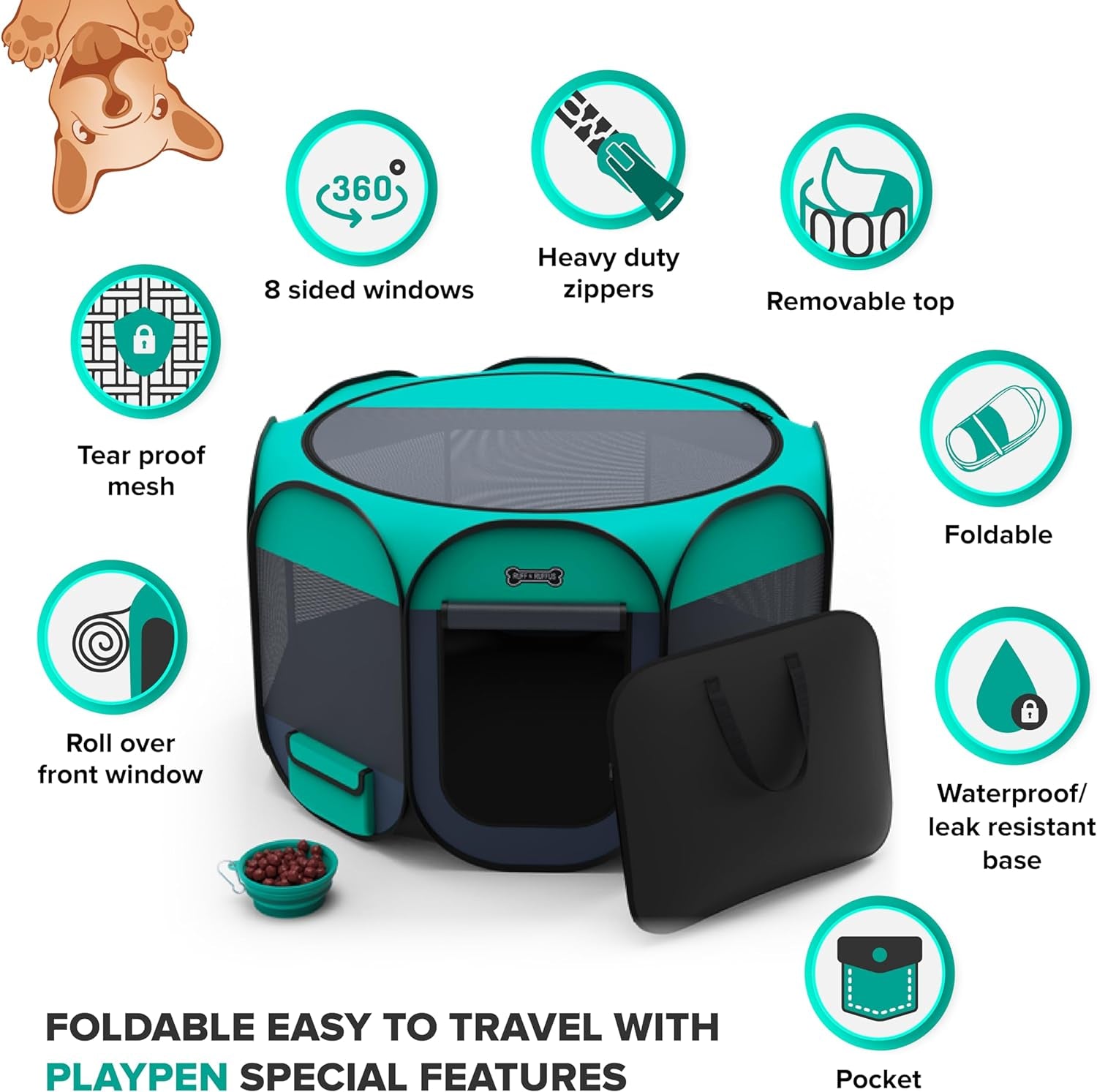 Portable Foldable Pet Playpen + Carrying Case & Collapsible Travel Bowl