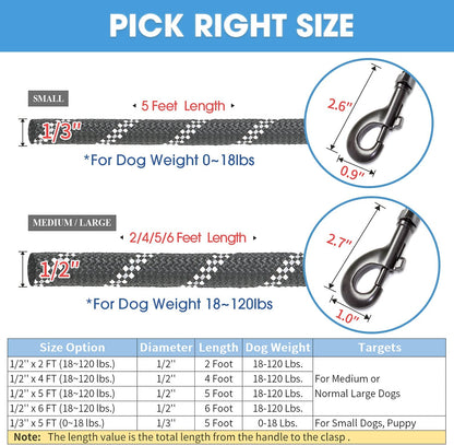 5FT Dog Leash with Comfortable Padded Handle and Reflective Threads | Heavy Duty for Small, Medium, and Large Dogs (1/2'', Black)