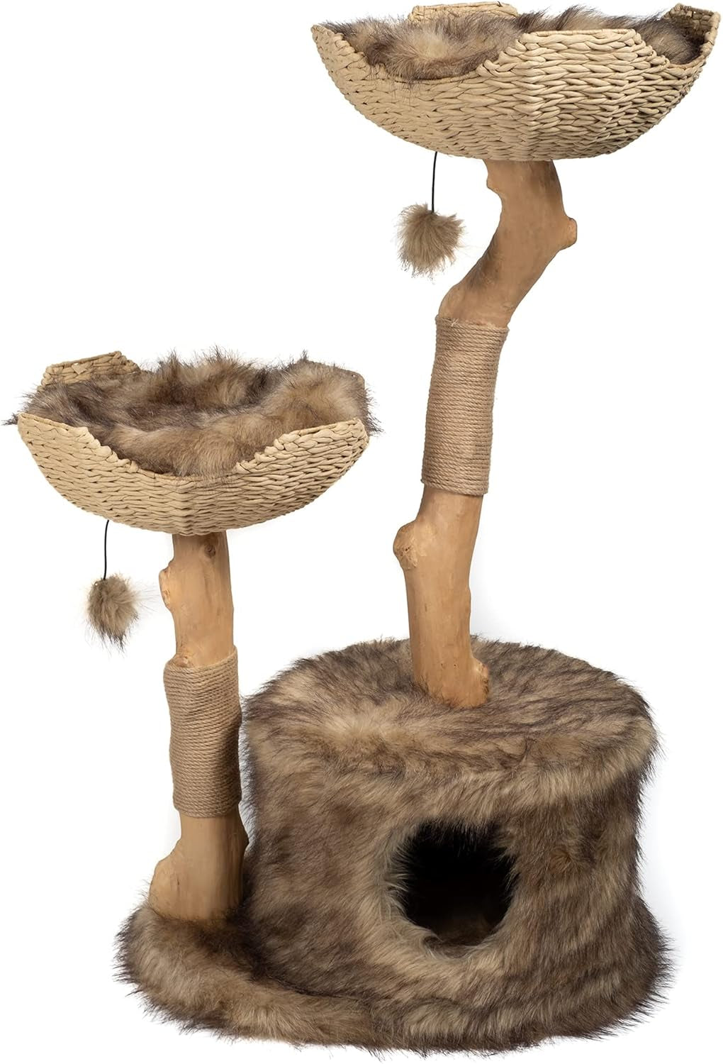 Modern Cat Tree Tower for Large Cats, Real Branch Luxury Cat Condo, Wood Scratching Tree