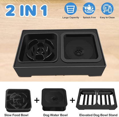 2-In-1 Elevated Slow Feeder Dog Bowls Adjustable Raised Dog Bowls with No Spill Water Bowl and Non-Skid Silicone Mat, Non-Toxic, Mess Proof