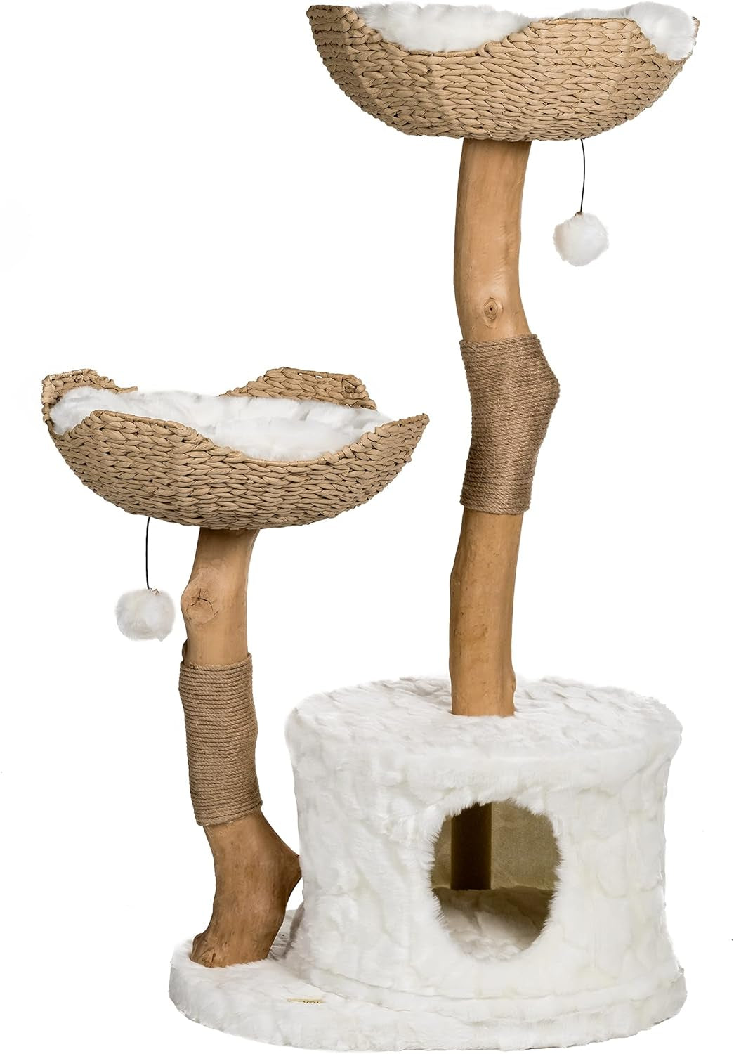 Modern Cat Tree Tower for Large Cats, Real Branch Luxury Cat Condo, Wood Scratching Tree