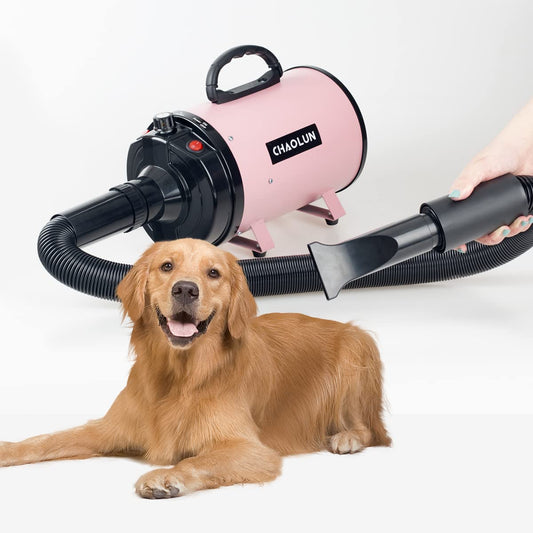 Professional High Velocity Dog Hair Dryer | Adjustable Speed & Heater | Pet Grooming Dryer with 3 Nozzles, Comb & Flexible Hose, Pink